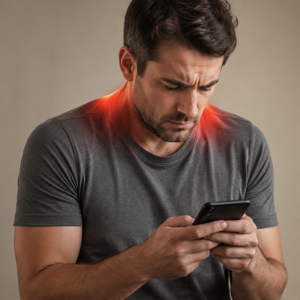 Pessoa olhando o celular com a mão na nuca, sentindo tensão