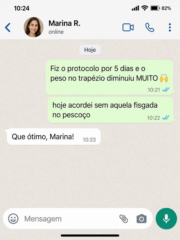 Print de conversa no WhatsApp: aluna relata menos peso no trapézio em 5 dias